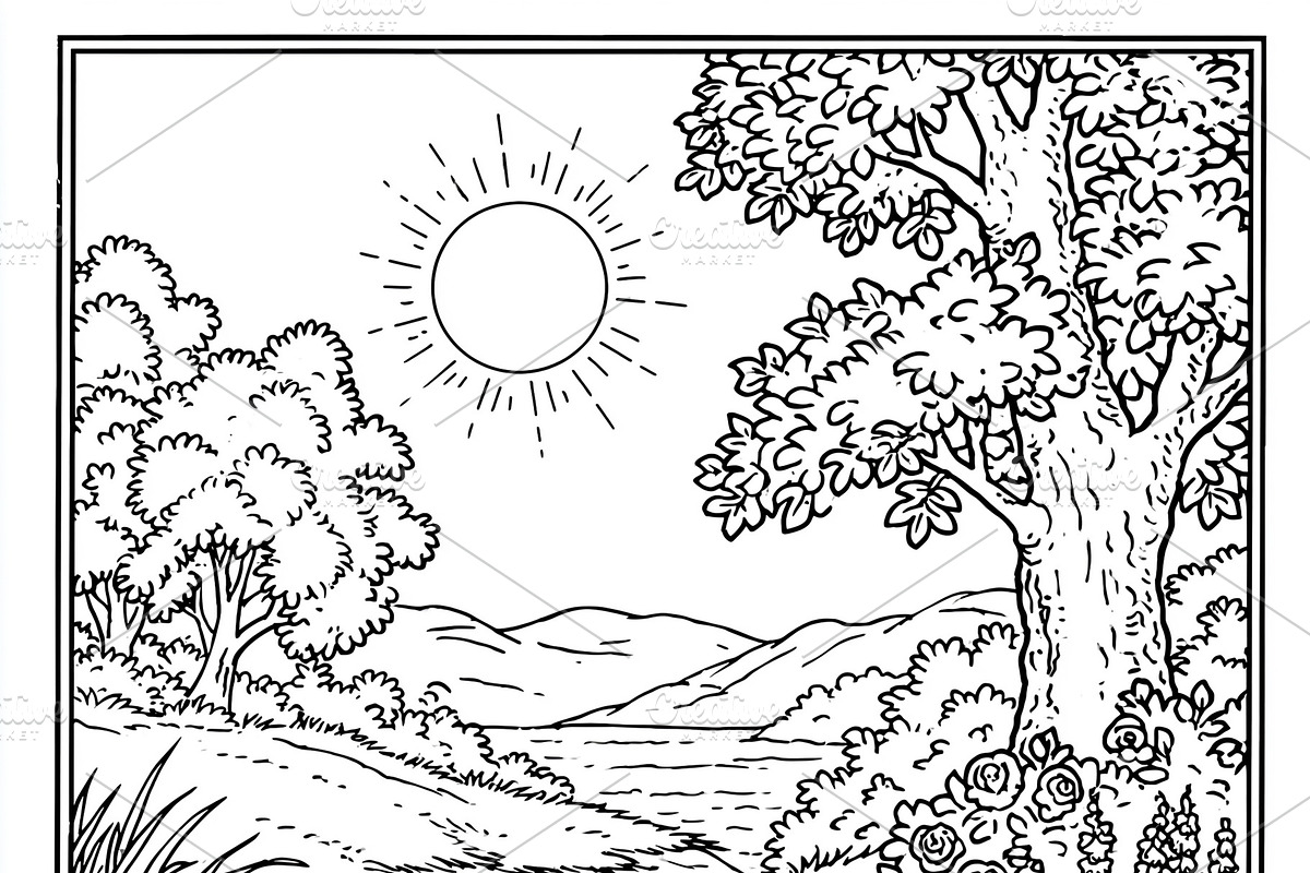 Bear cubs in a wild forest landscape, standing by a river under the sun, a chil, an Illustration by Studio ANNA