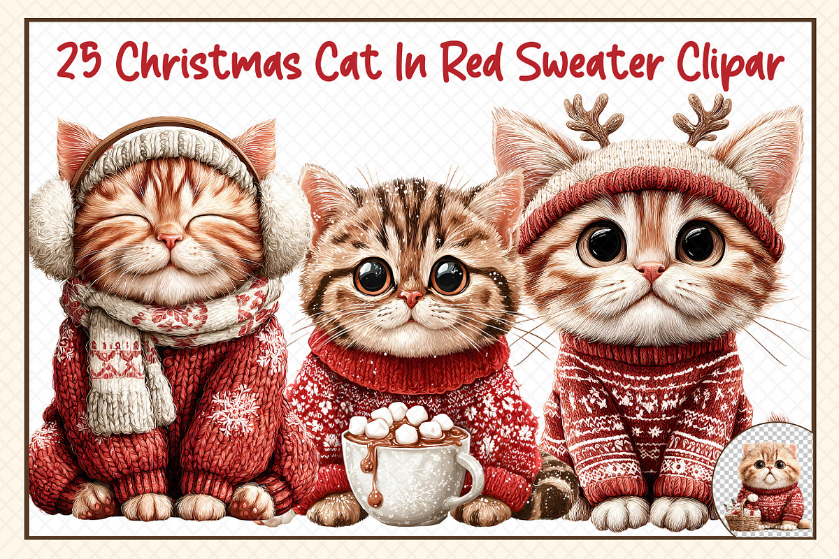 Christmas Cat In Red Sweater Clipar, an Illustration by cherrydesign (Photo 1 of 3)