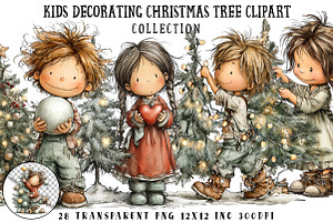Kids Decorate Christmas Tree Clipart, an Illustration by OK Design