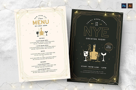 NYE Flyer & Cocktail Menu Templates, a Card Template by BrandPacks