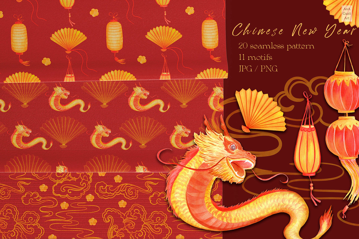 Lunar New Year seamless pattern, a Seasonal Illustration by AnaGuziiArt (Photo 1 of 9)