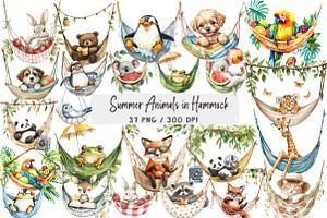 Summer Animals in Hammock Clipart, an Animal Illustration by DreamArtGraphic