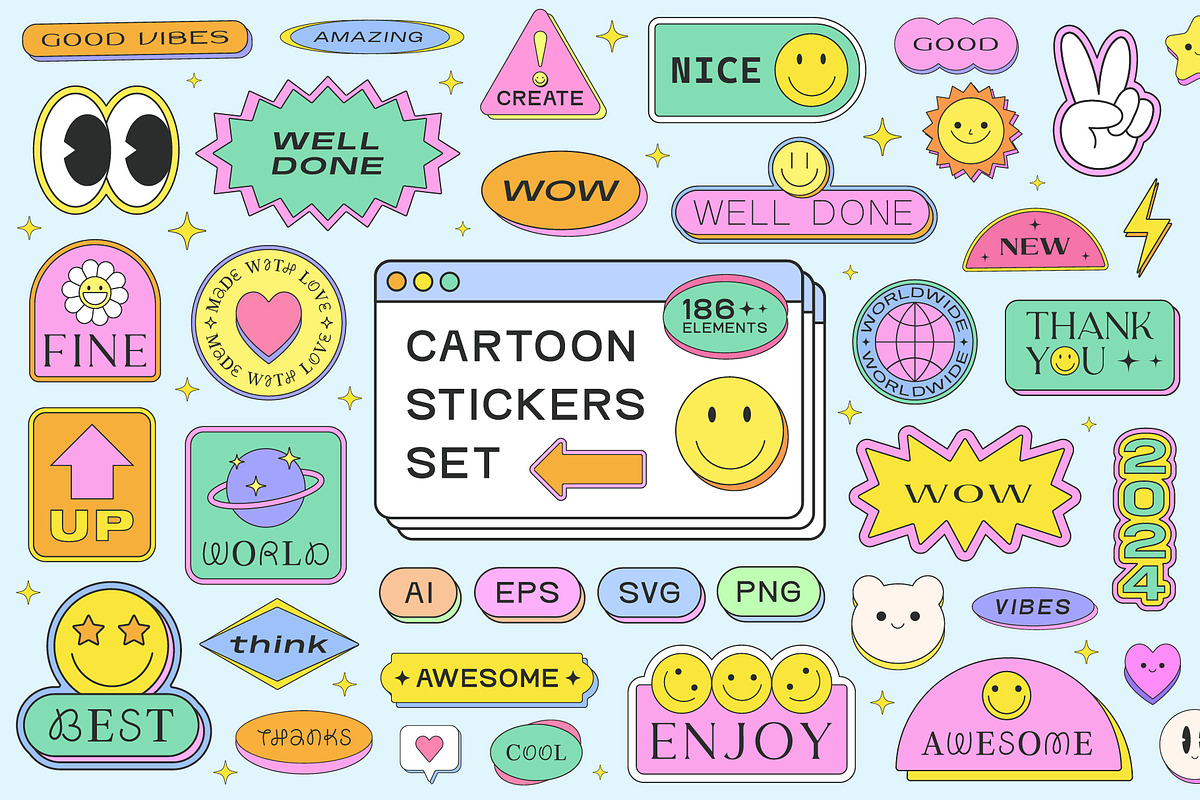 CARTOON STICKERS SET Y2K DESIGN, a Pattern Graphic by craftlove (Photo 1 of 10)