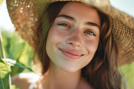 Glowing Seaside Serenity: Woman with Straw Hat Smiling - Generative AI, a Person Photo by José Manuel Gelpi
