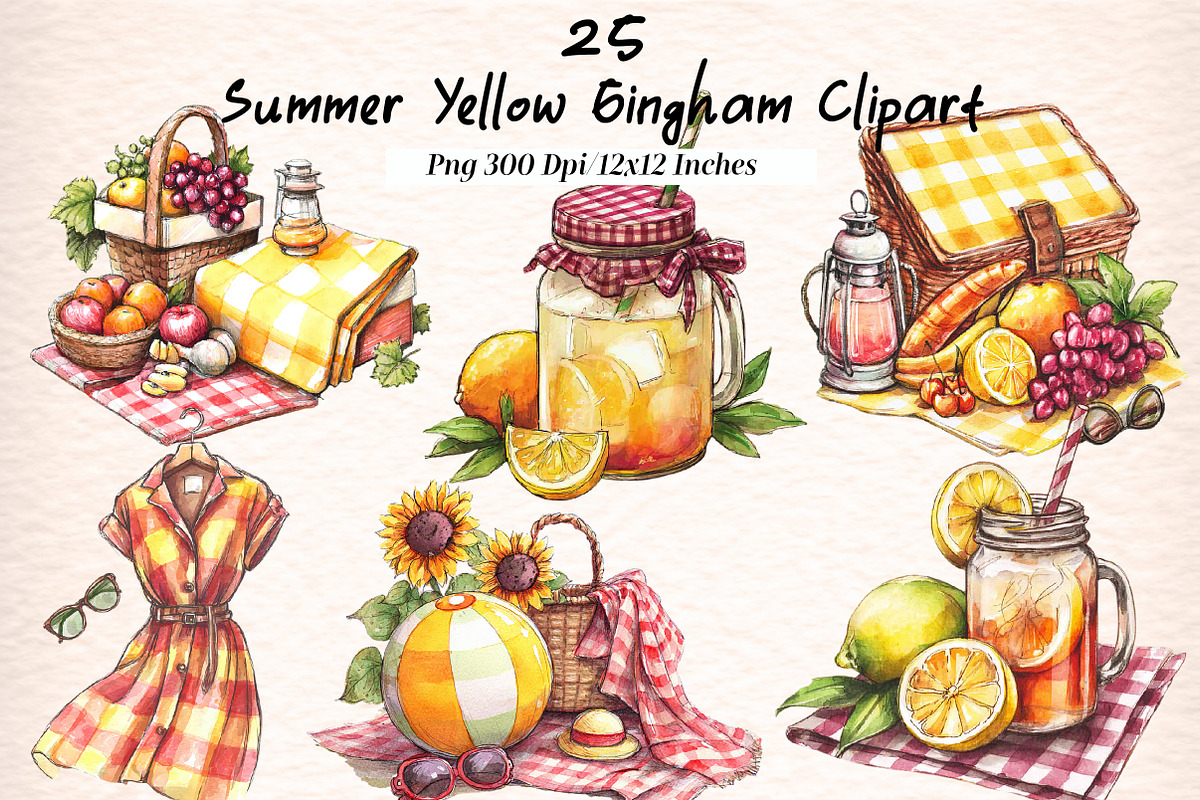 Summer Yellow Gingham Clipart, an Illustration by Digital Artistic99 (Photo 1 of 10)
