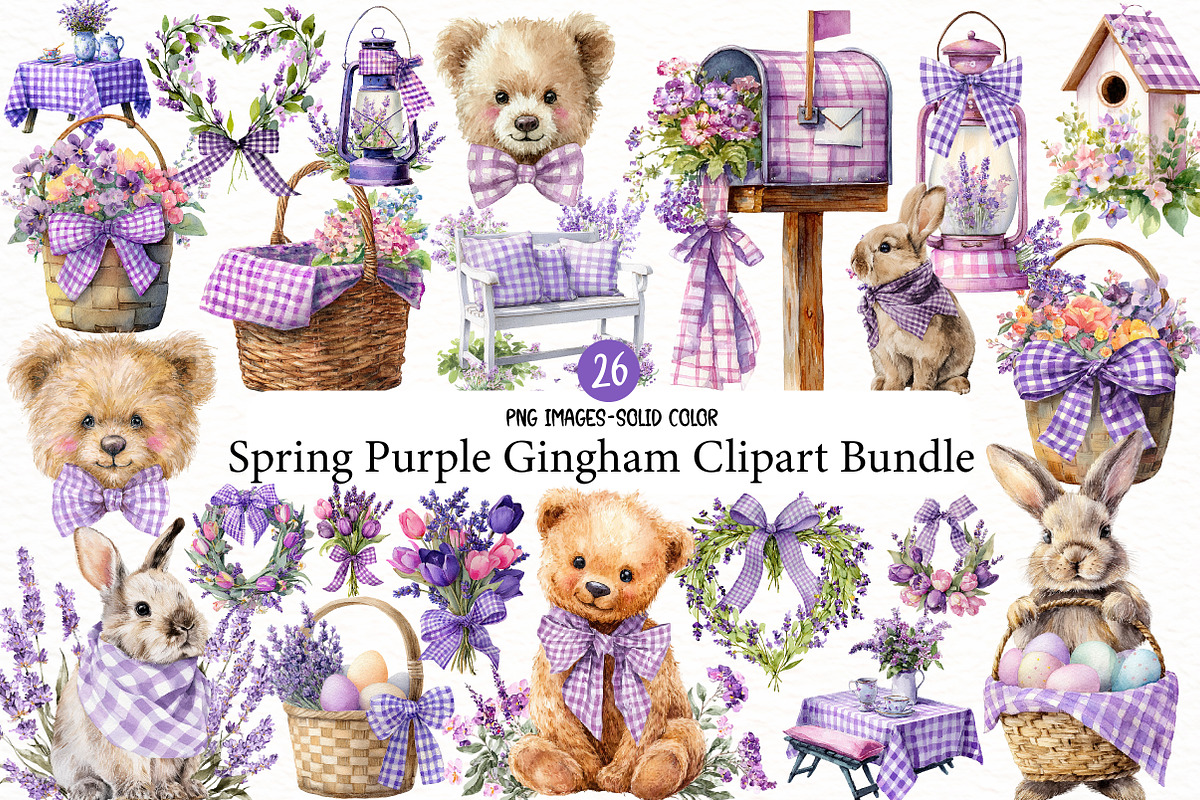 Spring Purple Gingham Clipart Bundle, an Illustration by Designworld (Photo 1 of 7)