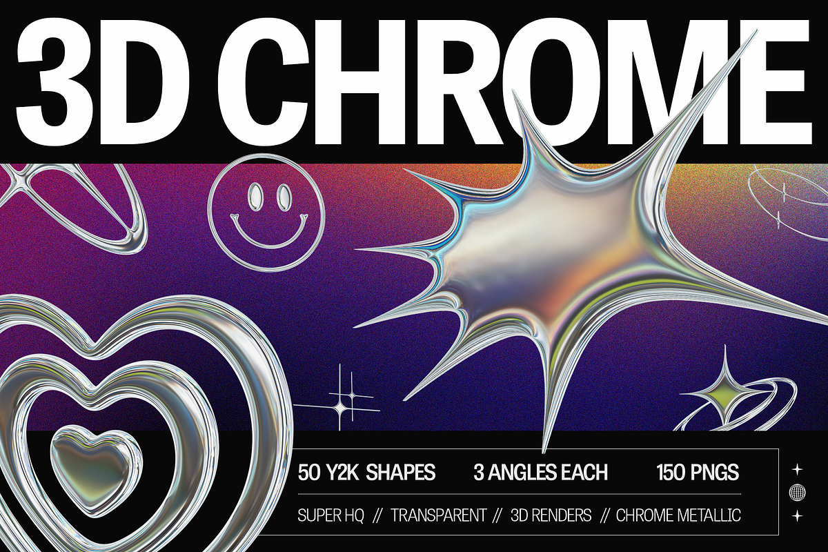 150 3D Y2K Chrome Metallic Shapes, an Object Graphic by Fivehead Studio (Photo 1 of 12)