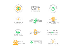 Set of retro vintage beer and alcohol logo or insignia, emblems, labels and badges and other branding objects. Vector line style, a Branding & Logo Template by GraphiShop