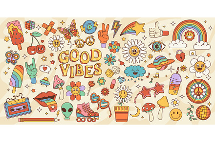 Retro groovy stickers, a Decorative Illustration by Vector Tradition