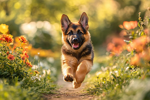 Cute german shepherd puppy running between the flower rows in th, a Photo by AlyaAnd