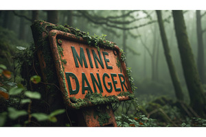 Rusty warning sign in a misty forest, an Illustration by tilialucida