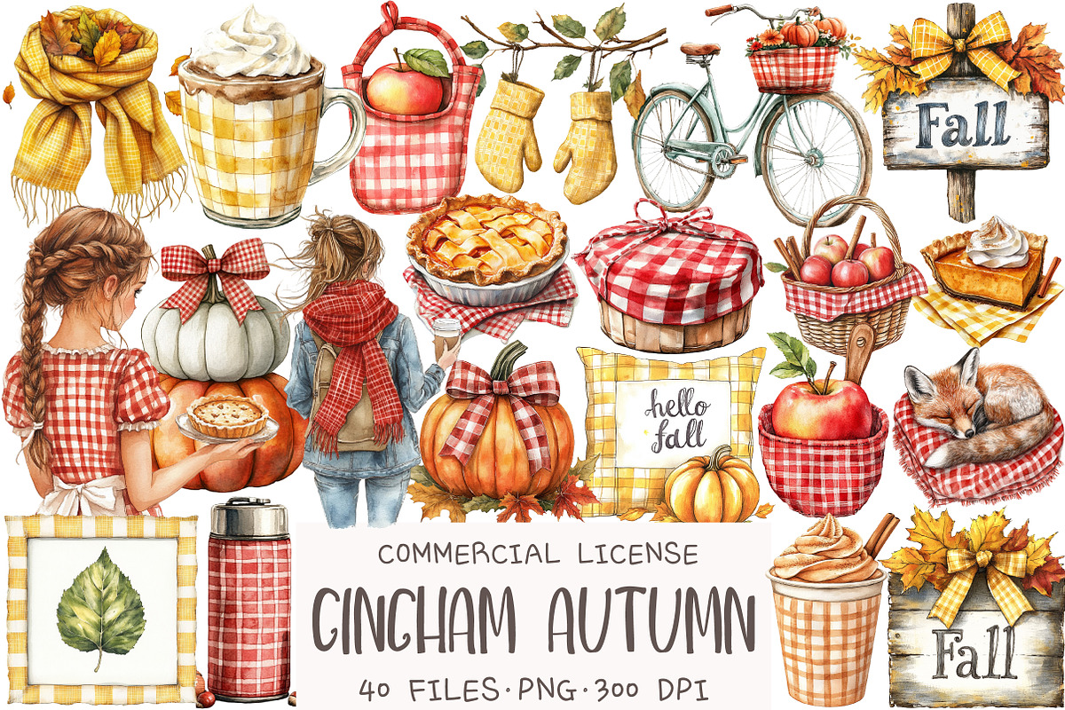 Watercolor Gingham Autumn Clipart, an Illustration by OK Design (Photo 1 of 5)