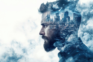 Double exposure of man's profile with city skyline. Concept: future vision and, an Abstract Photo by Mashimara