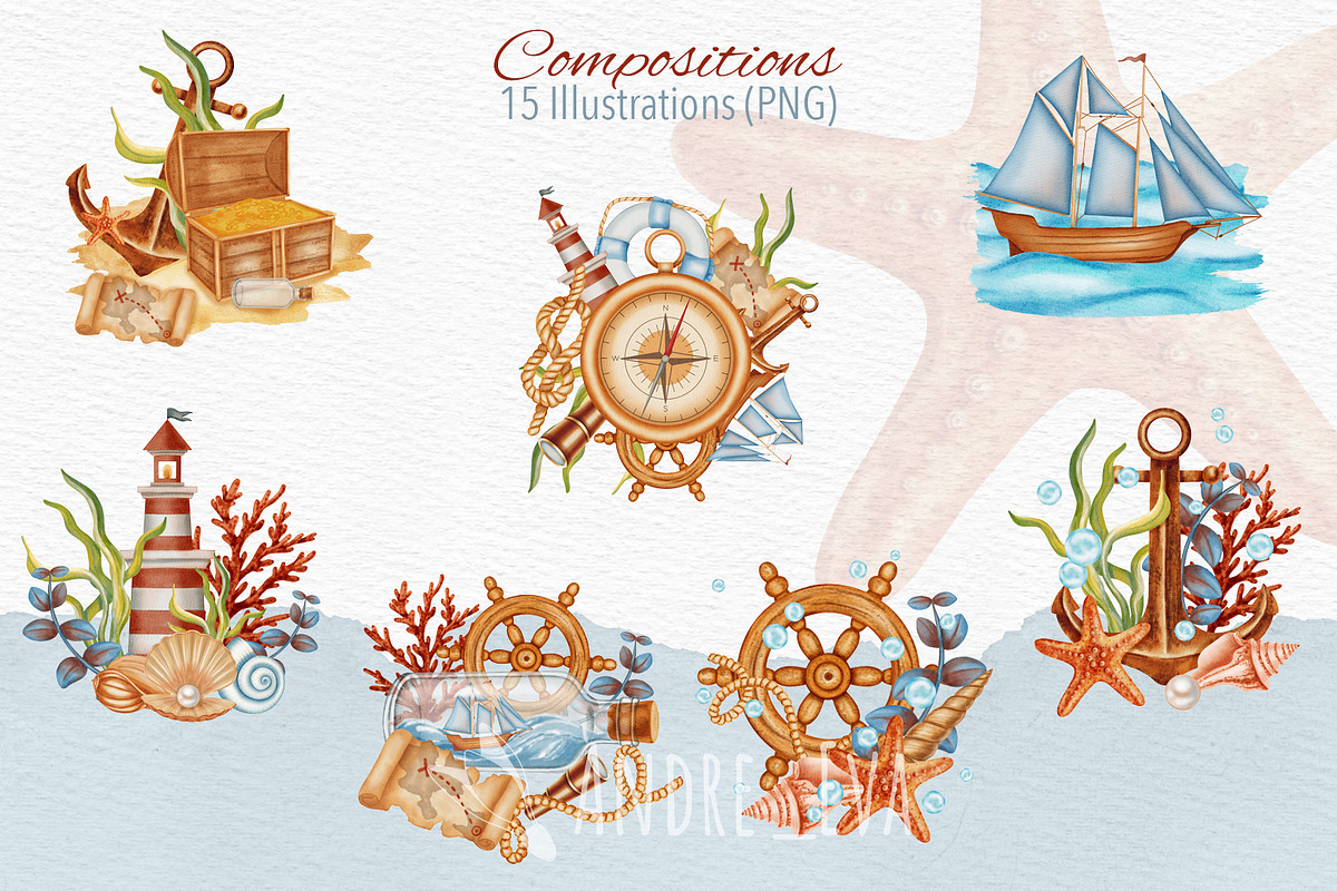 Sea Voyage Watercolor Clip Art, an Object Graphic by Andre_Eva (Photo 3 of 12)