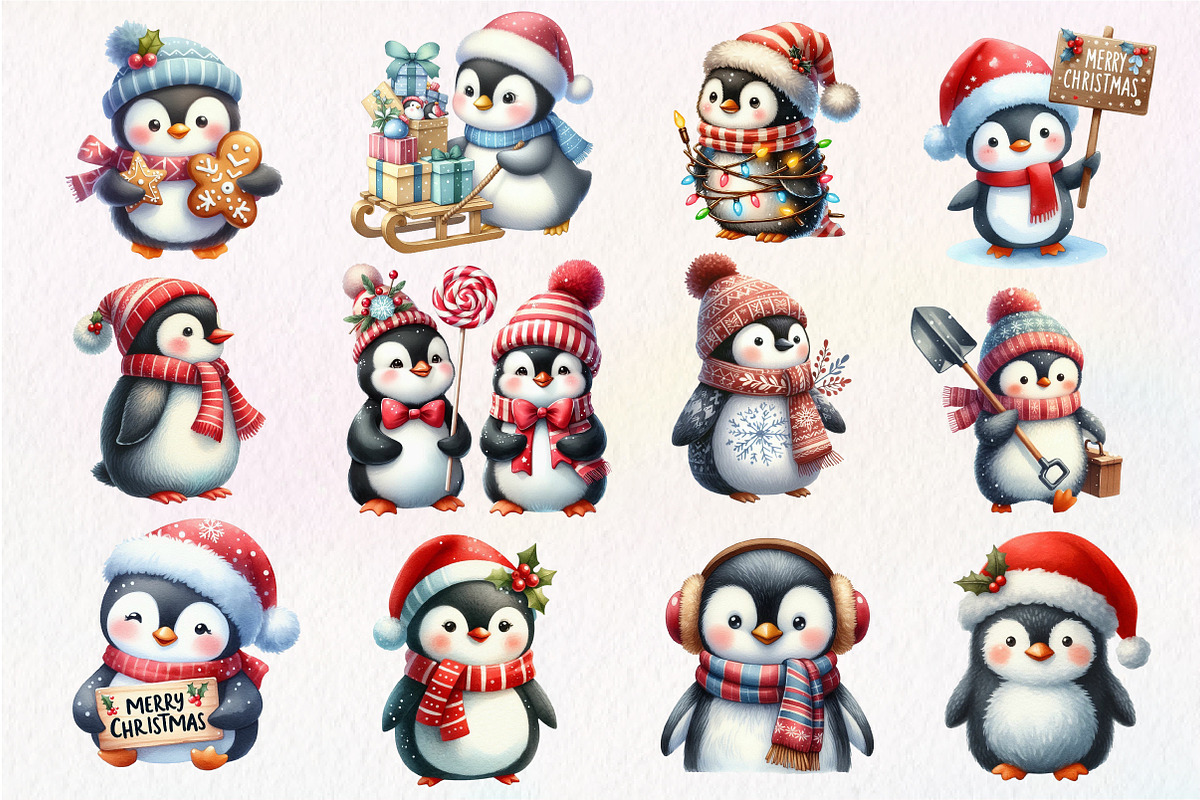 Christmas Penguin Watercolor Clipart, an Illustration by Dream Creation (Photo 3 of 5)