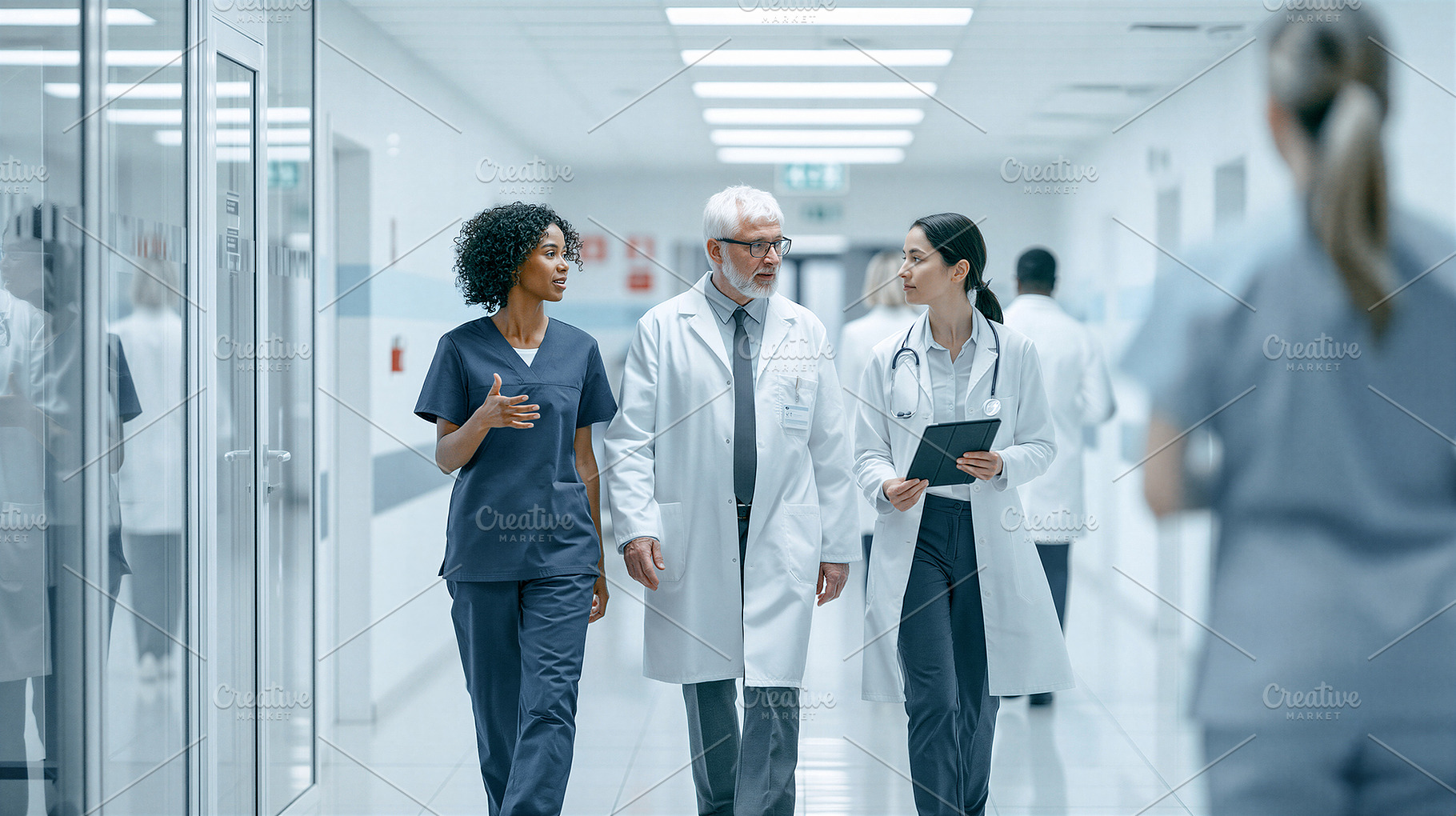 Medical team is walking and chatting, a Health & Medical Photo by 7DesignLab