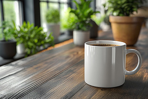 A white coffee mug sits on a rustic wooden table, surrounded by indoor plants,, a Business Photo by ImageMir