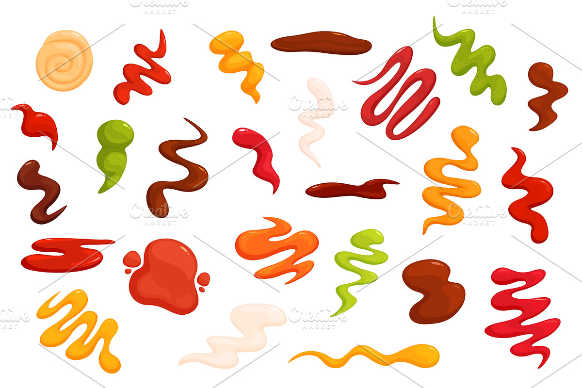 Cartoon sauces splashes. Sauce, a Food Illustration by Valerie Bodnar