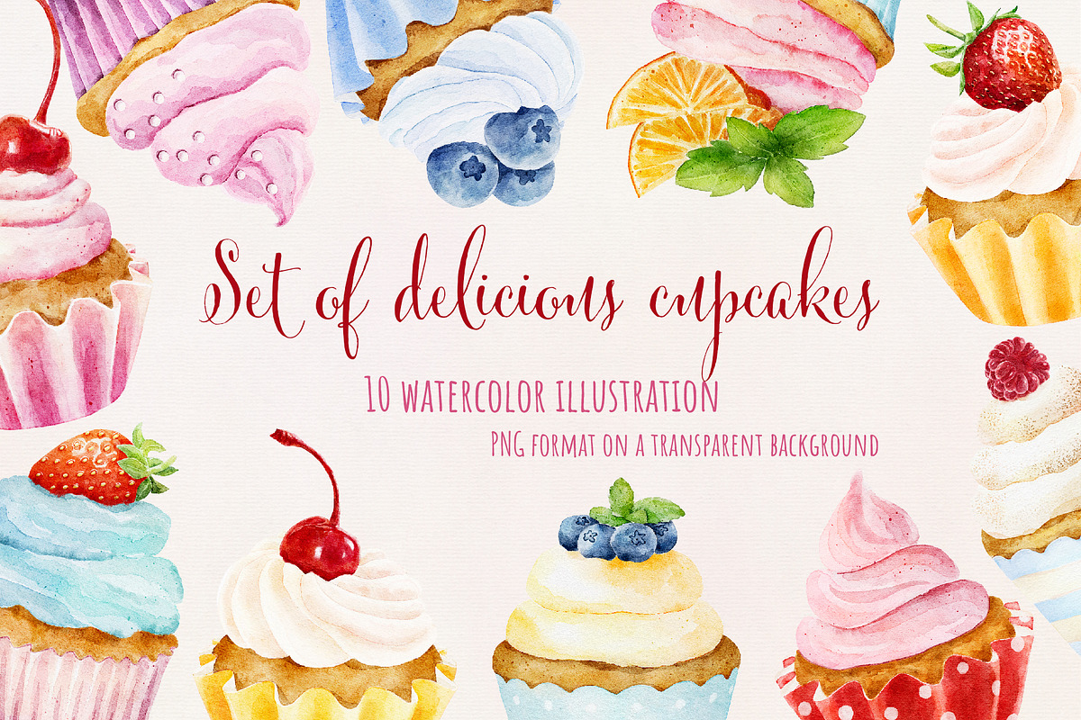 Set of delicious watercolor cupcakes, a Decorative Illustration by Nataliia Pyzhova (Photo 1 of 2)