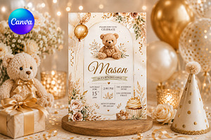 Teddy Bear First Birthday Invitation, an Invitation Template by S Graphic Studio