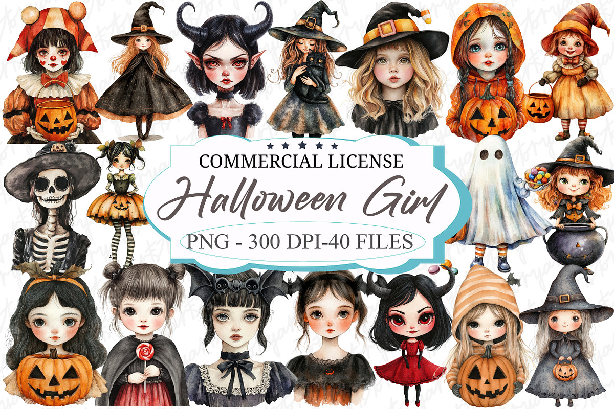 Halloween Girl Watercolor Clipart, an Illustration by designcity5 (Photo 1 of 5)