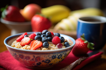 Tasty oatmeal with fruits in bowl on table, a Food & Drink Photo by AlyaAnd