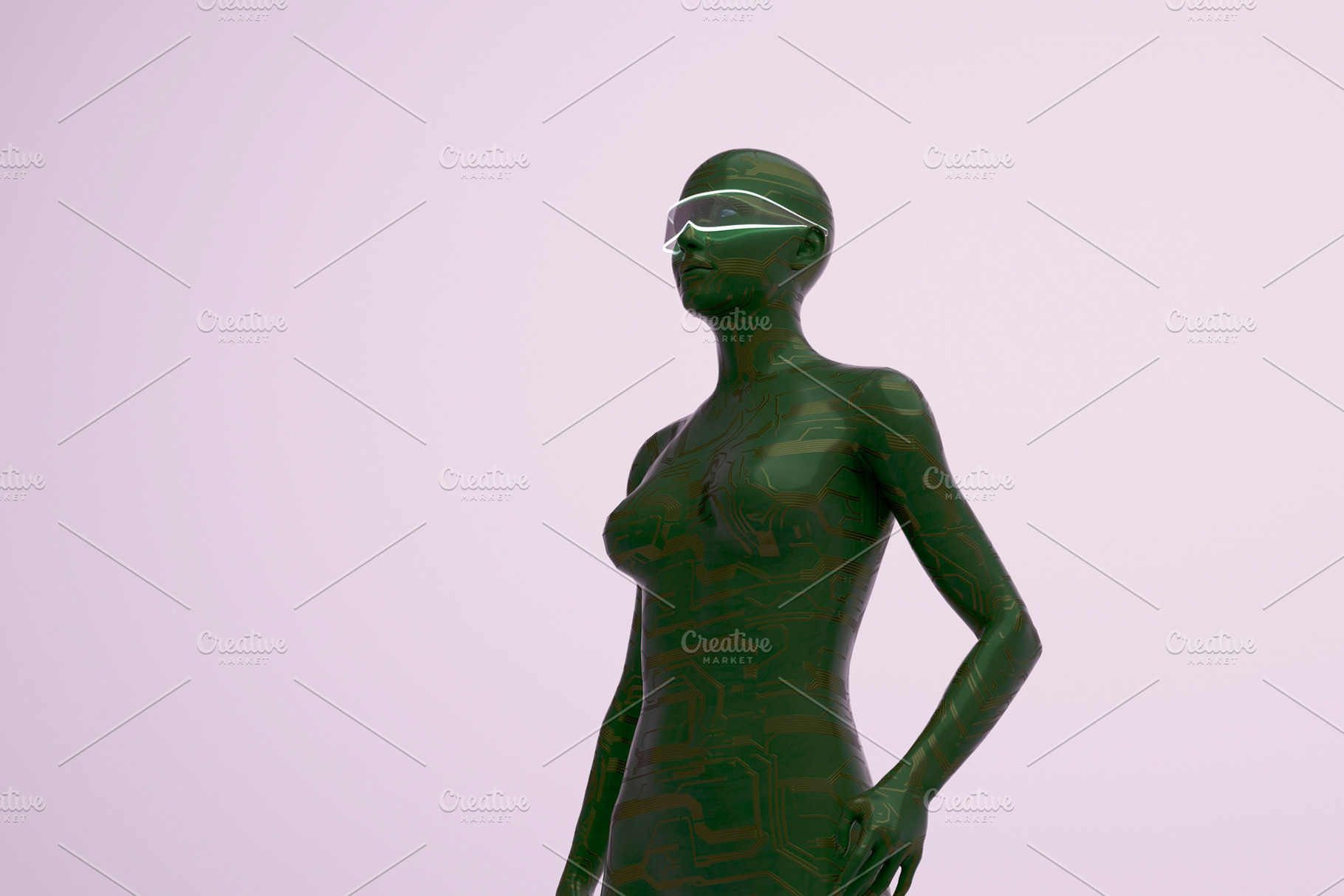 Green circuit humanoid wearing glowing smart visor, a Technology Photo by RF Images