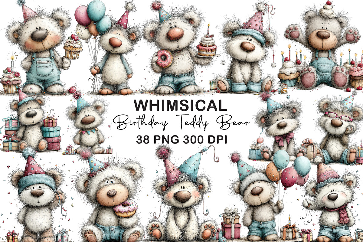 Whimsical Birthday Teddy Bear Clipar, an Illustration by CraftArtStudio (Photo 1 of 6)