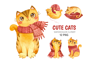 Watercolor Cute Cats and Knitting