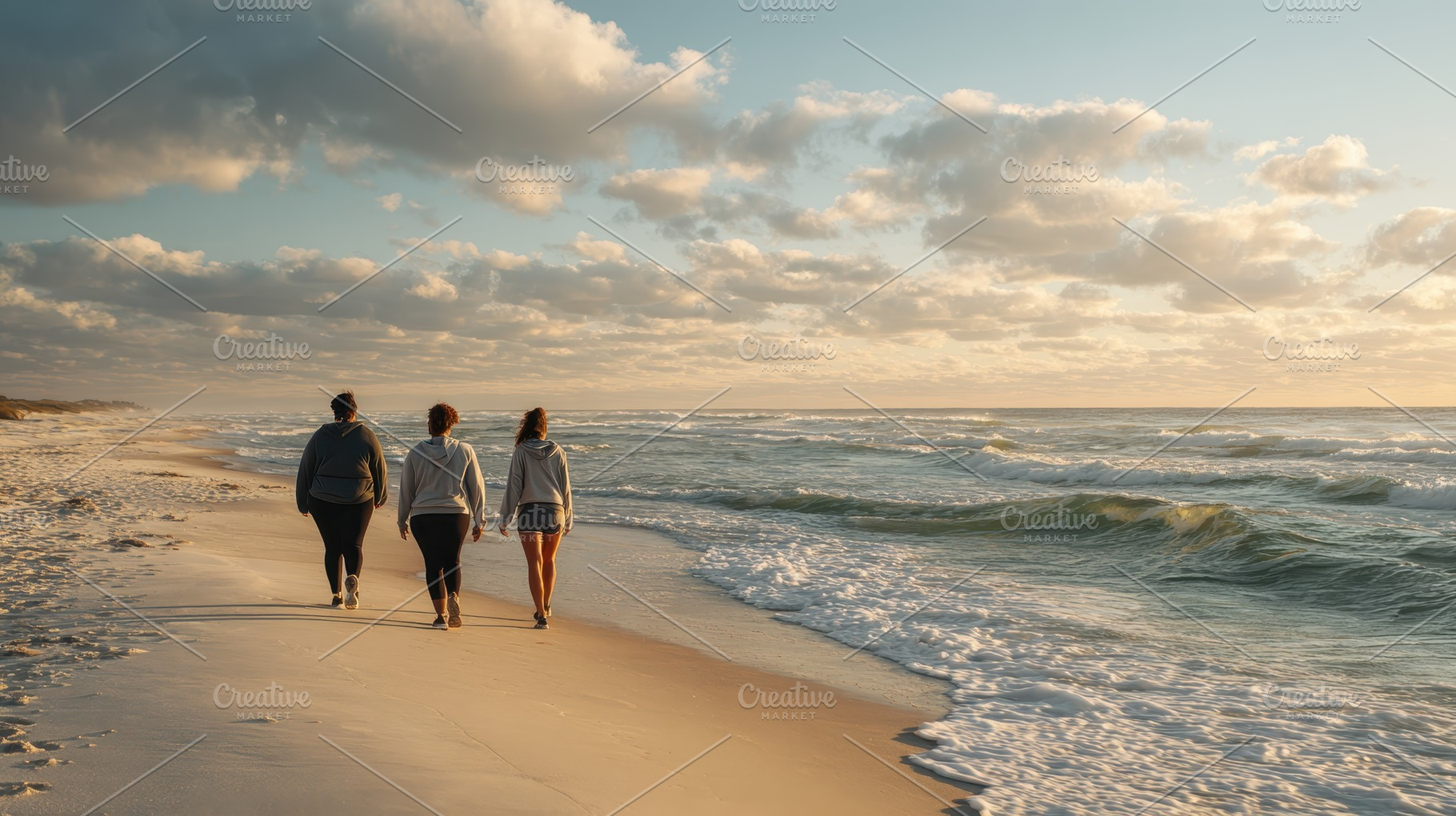Three women walking beach sunset oce, a Photo by Pixeness Studio