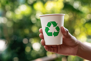 Holding a coffee cup with recycle sign on blurred green background, a Food & Drink Photo by AlyaAnd