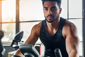 Muscular young man using a stationary bike in a gym, a Sports & Recreation Photo by Davizro's Market