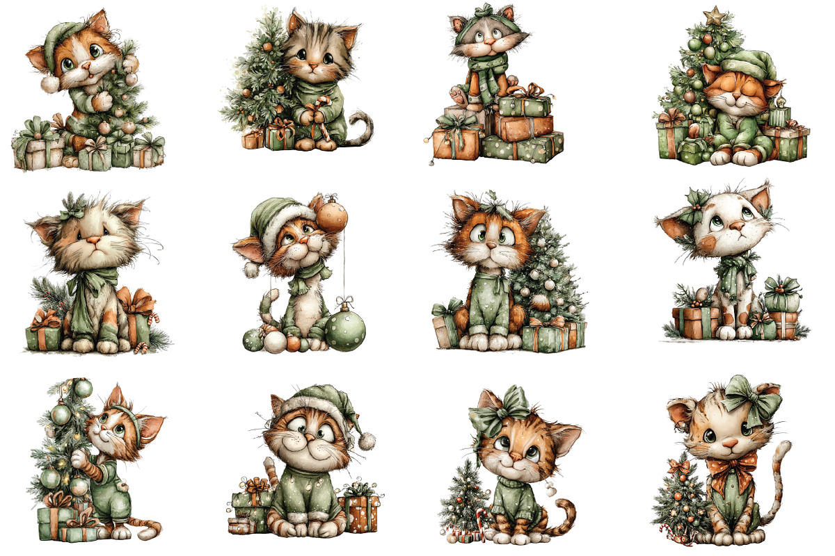 whimsical Christmas cat clipart, an Illustration by CraftArtStudio (Photo 3 of 6)