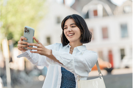 Snap moment. Multiethnic woman with