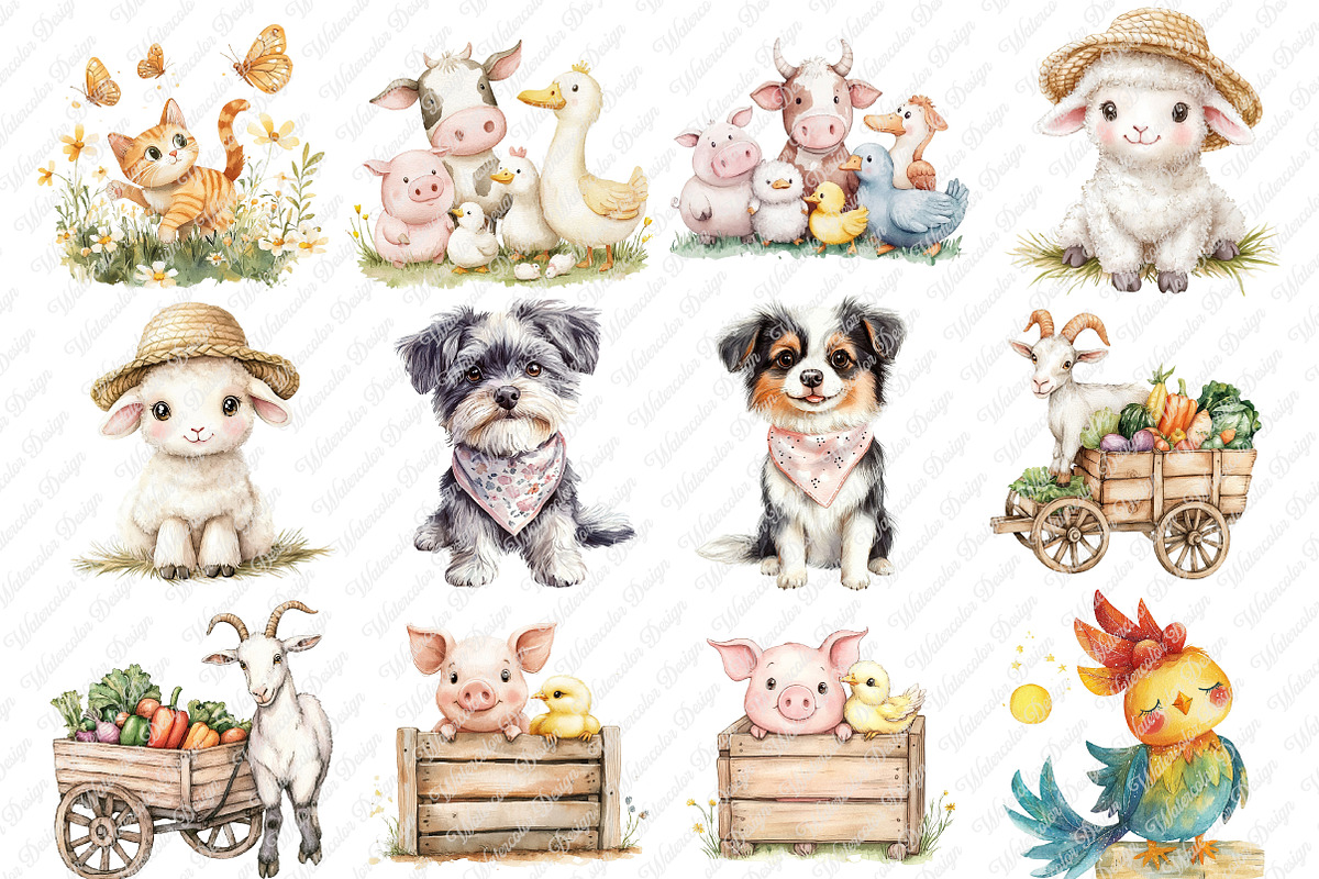 Cute on the Farm on the Animals png, an Illustration by Watercolor design (Photo 2 of 4)