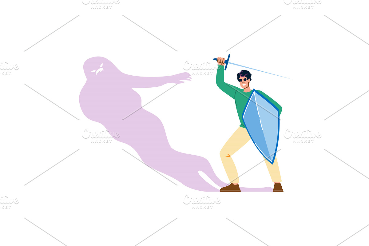 Man fighting inner demons with sword, an Object Illustration by pikepicture