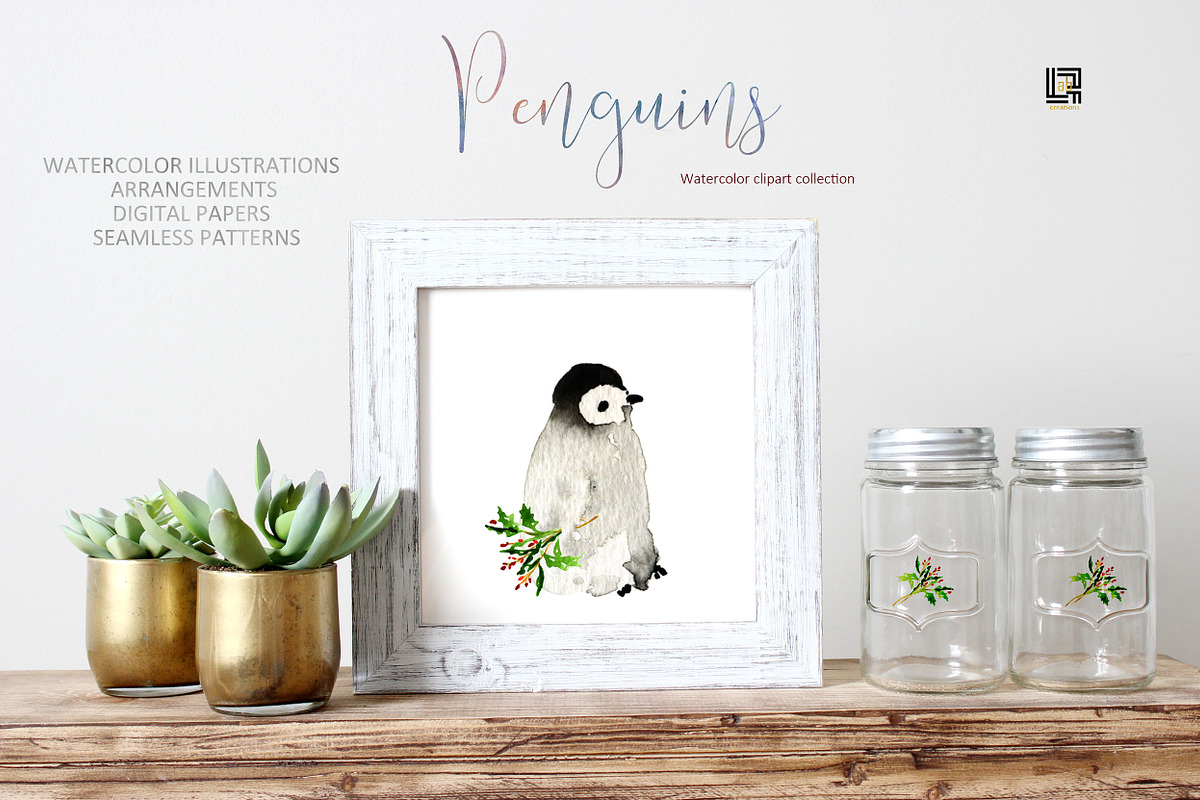 Winter Penguins. Watercolor clipart, an Animal Illustration by LABFcreations (Photo 2 of 8)
