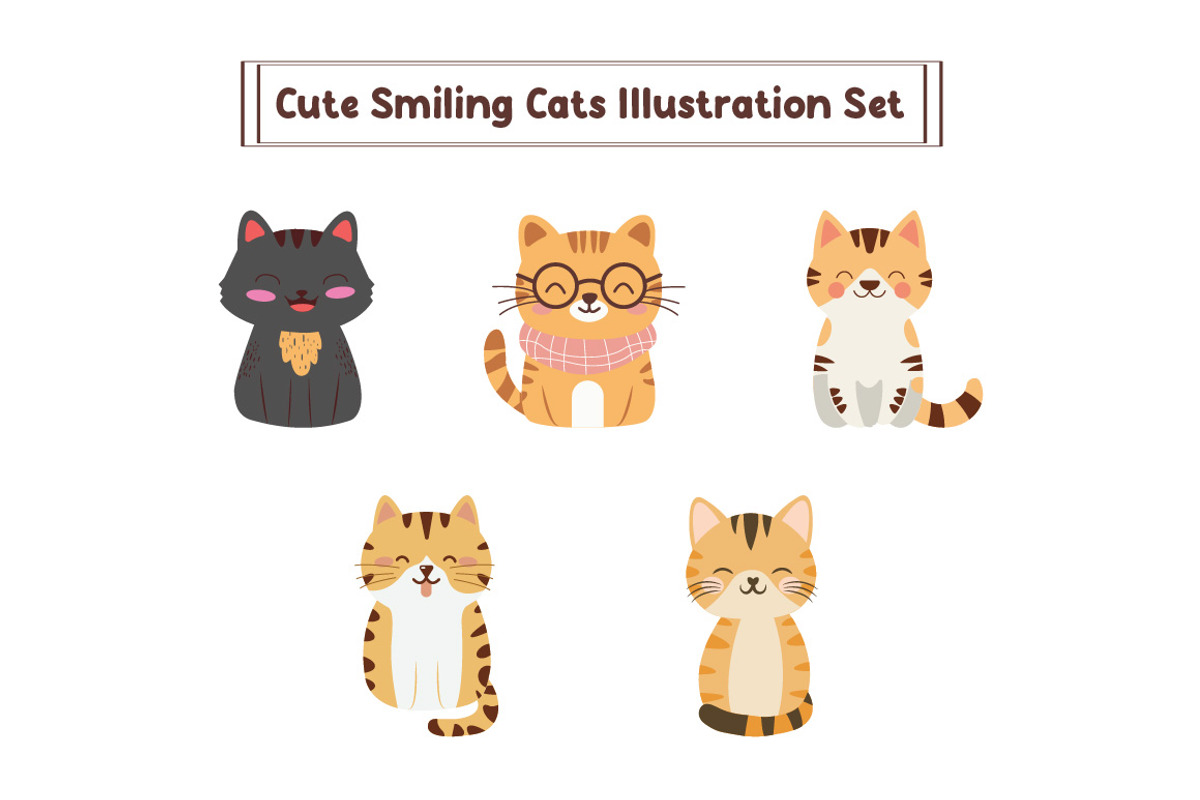 5 Cute Smiling Cats Illustration Set, an Animal Illustration by jongcreative (Photo 1 of 4)