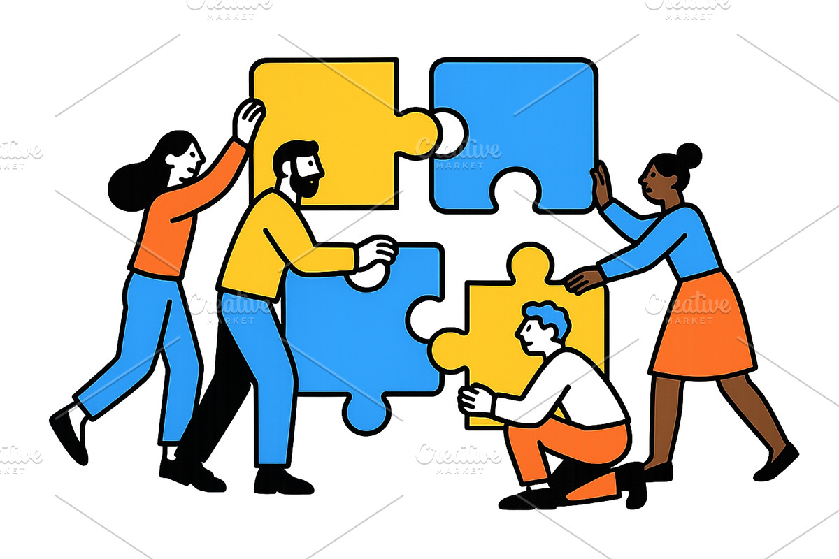 Team members collaborating to solve, a Person Illustration by ZinetroN