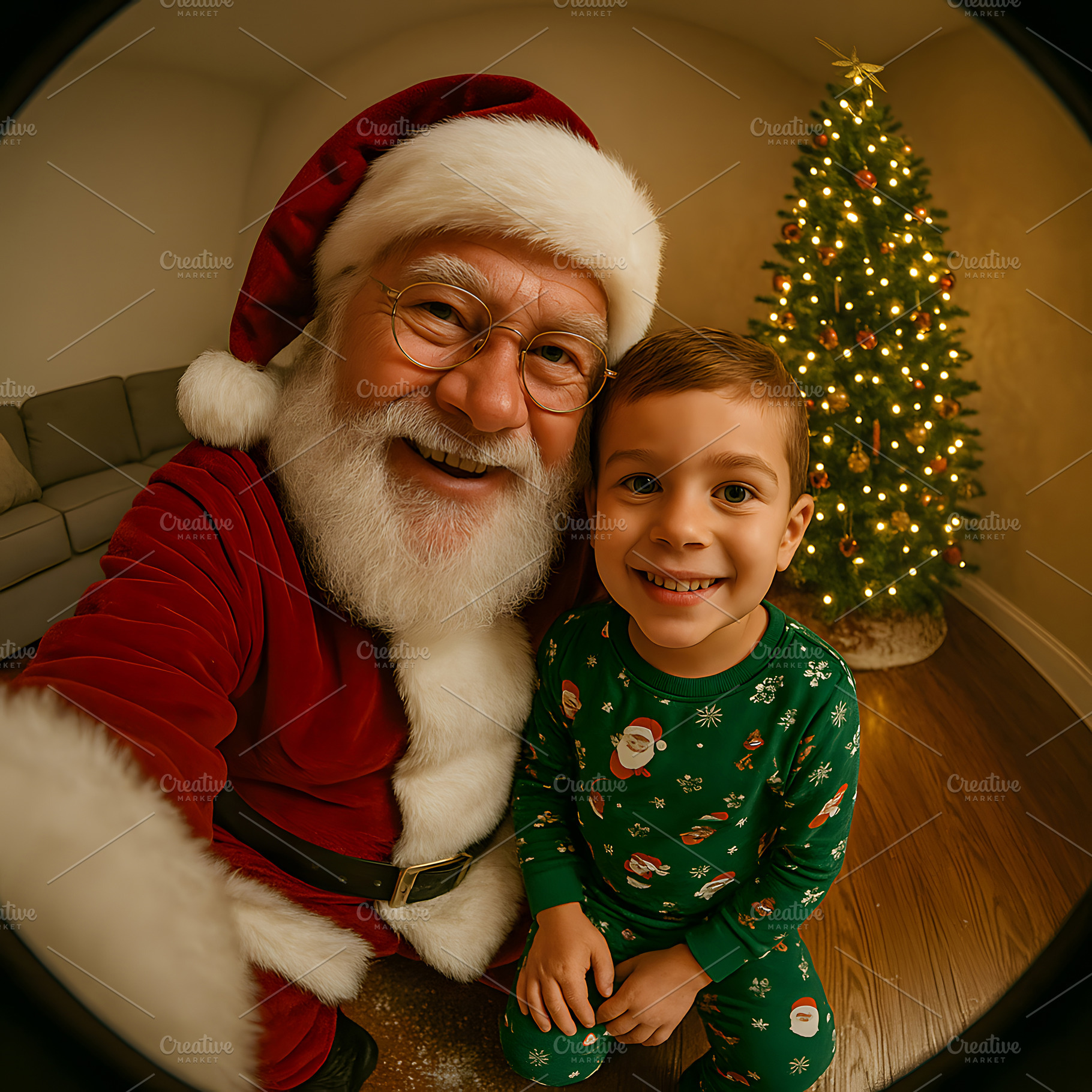 Santa Claus shares a fisheye selfie with happy child, a Holiday Photo by GoodGoods