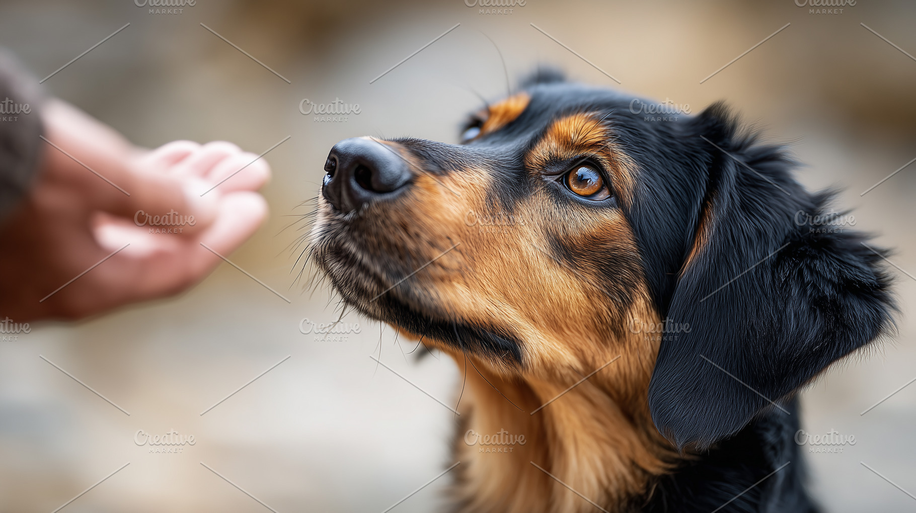 Loyal dog looking up at a hand, an Animal Photo by MistyDay