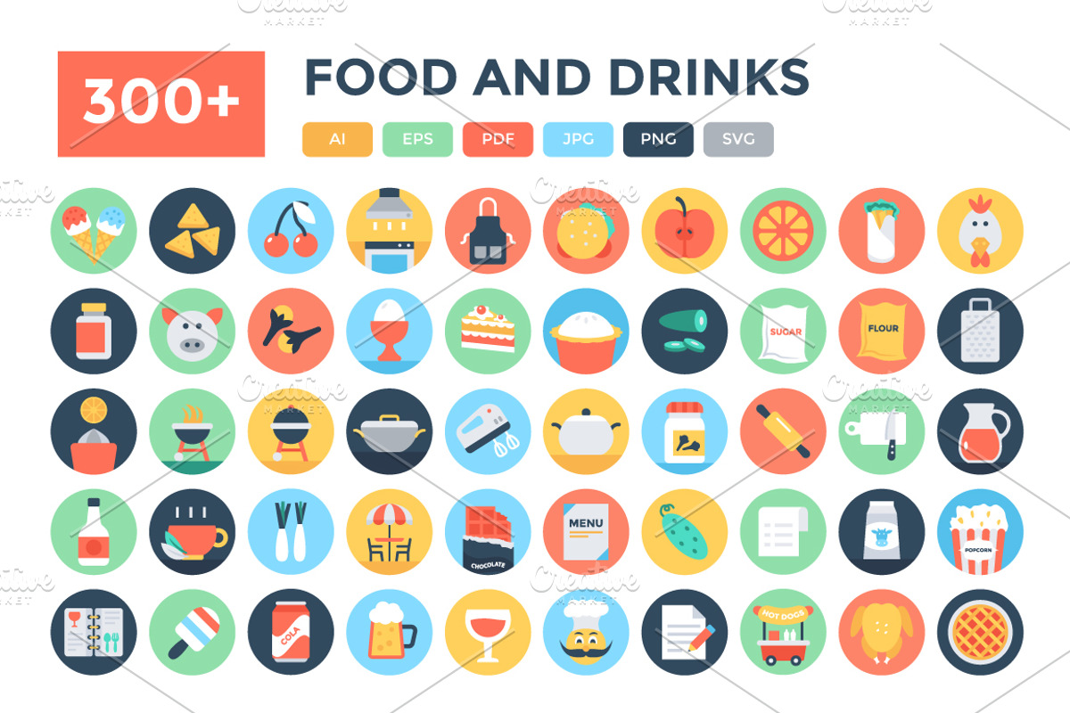 300+ Flat Food and Drinks Icons, an Icon by Vectors Market