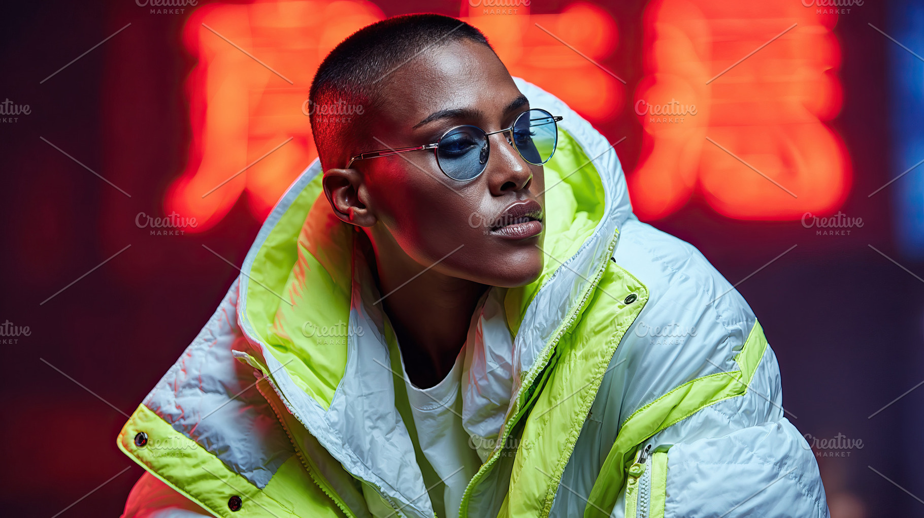 Influencer woman showcases urban fashion style in neon-lit city setting, a Person Photo by OSORIOartist