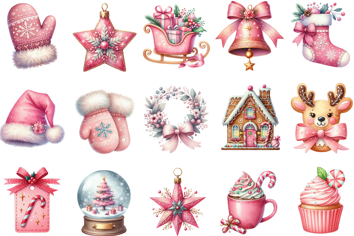 Watercolor Pink Christmas Clipart, an Illustration by Designking (Photo 2 of 5)