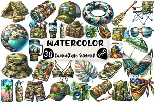 Watercolor Camouflage Summer Clipart, an Illustration by Black Bird Studio