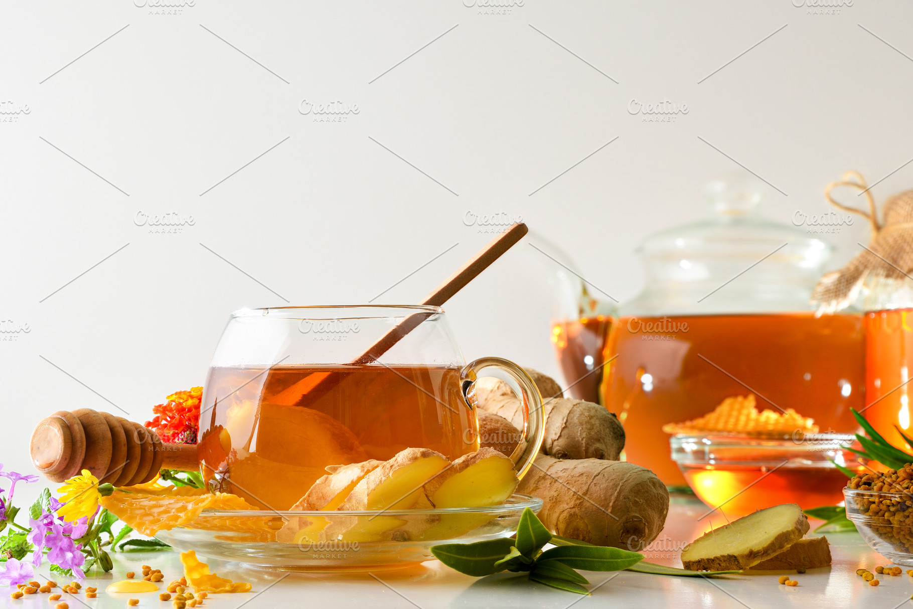 Ginger and honey infusion with products white isolated backgroun, a Food & Drink Photo by Davizro's Market