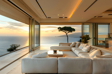 Luxurious Oceanfront Living Room with Panoramic Sunset View over the Sea, an Architecture Photo by Photostock