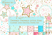 Pink Light Blue Gold Stars, a Texture Illustration by Mia's Graphic Design (Thumbnail 1 of 9)