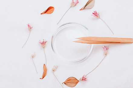 Abstract cosmetic medical background. Laboratory petri dish and dry flowers. Th