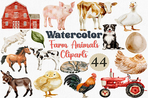 Watercolor Farm Animals Clipart Set